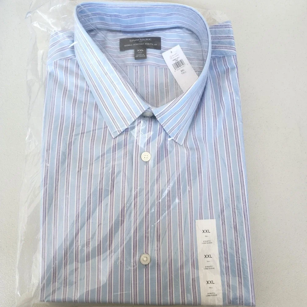 Banana Republic XXL Tall Athletic Fit Wrinkle Resistant Striped Dress Shirt Blue